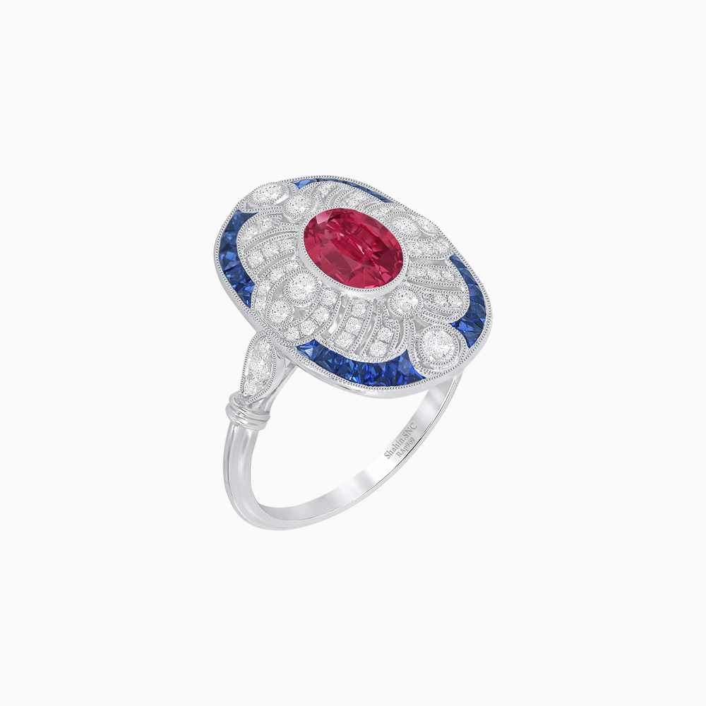 Scarab Vintage Art Deco Style Cocktail Ring with Diamond and Gemstone