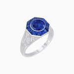 Load image into Gallery viewer, Art Deco Inspired Round Cut Ring with Octagonal Calibré-Cut Gemstone Halo