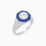 Load image into Gallery viewer, Art Deco Inspired Round Cut Ring with Octagonal Calibré-Cut Gemstone Halo