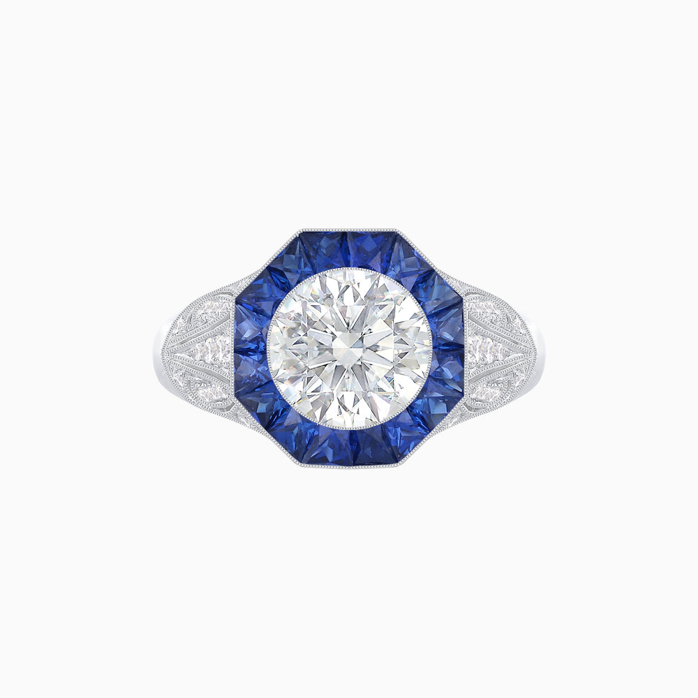 Art Deco Inspired Round Cut Ring with Octagonal Calibré-Cut Gemstone Halo