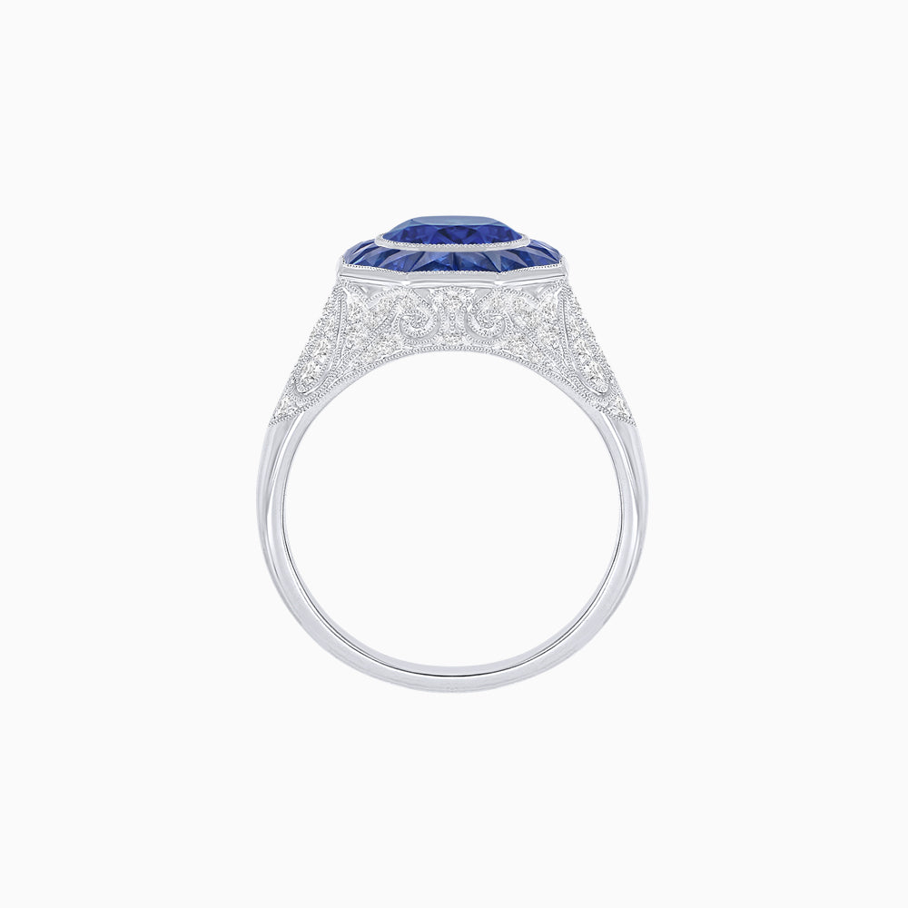 Art Deco Inspired Round Cut Ring with Octagonal Calibré-Cut Gemstone Halo