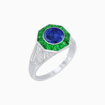 Load image into Gallery viewer, Art Deco Inspired Round Cut Ring with Octagonal Calibré-Cut Gemstone Halo