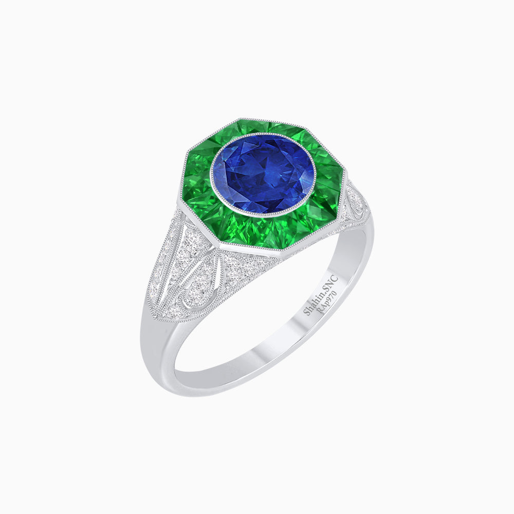 Art Deco Inspired Round Cut Ring with Octagonal Calibré-Cut Gemstone Halo