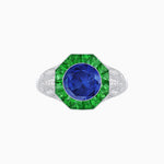 Load image into Gallery viewer, Art Deco Inspired Round Cut Ring with Octagonal Calibré-Cut Gemstone Halo