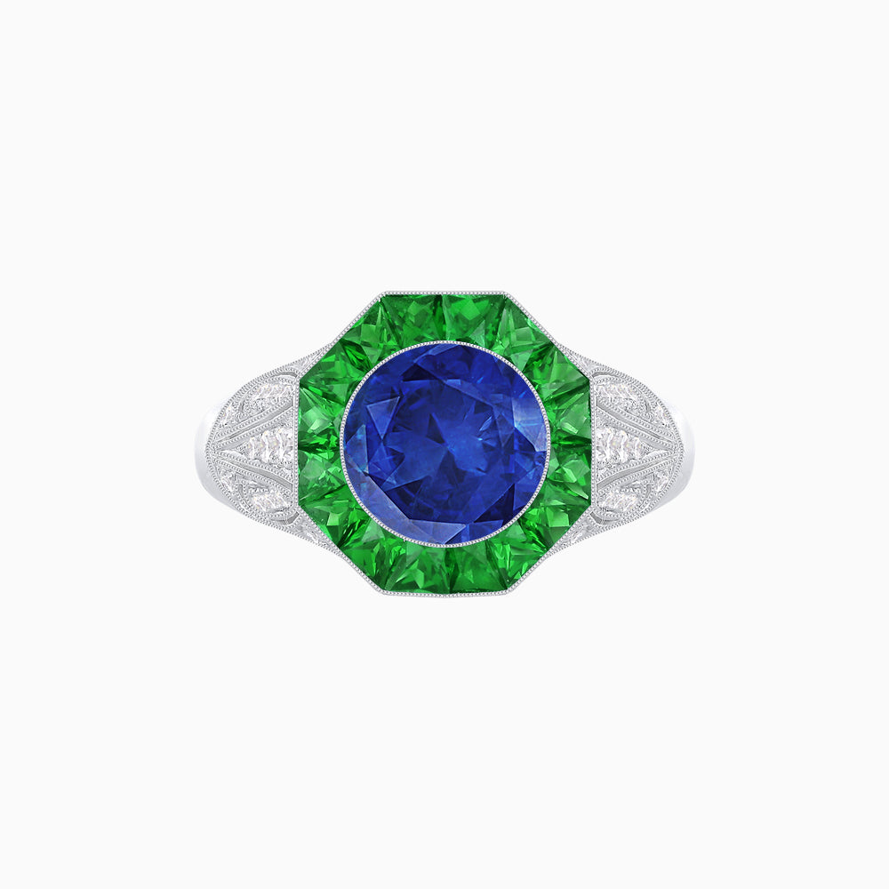 Art Deco Inspired Round Cut Ring with Octagonal Calibré-Cut Gemstone Halo