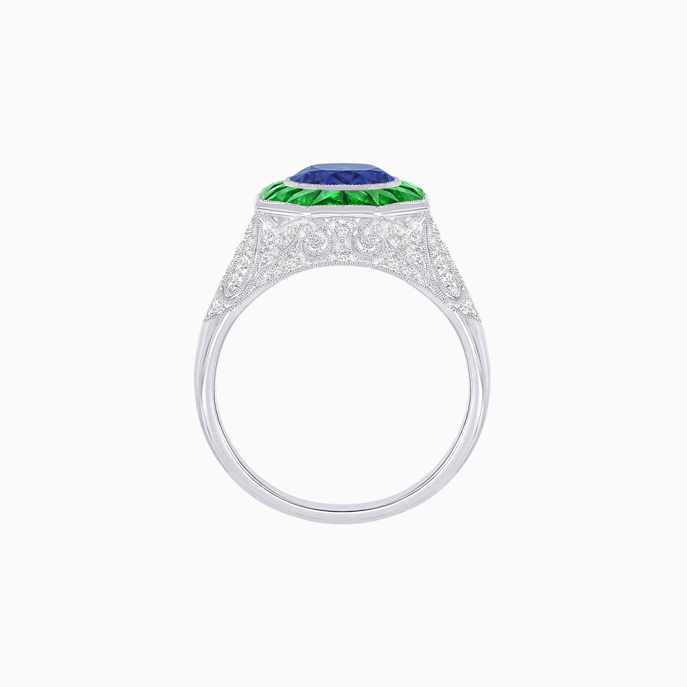 Art Deco Inspired Round Cut Ring with Octagonal Calibré-Cut Gemstone Halo
