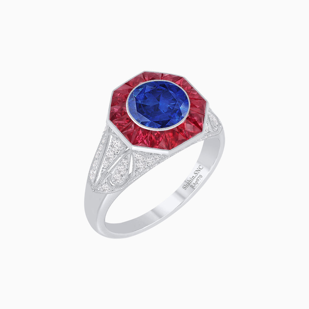 Art Deco Inspired Round Cut Ring with Octagonal Calibré-Cut Gemstone Halo