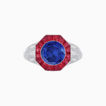 Load image into Gallery viewer, Art Deco Inspired Round Cut Ring with Octagonal Calibré-Cut Gemstone Halo
