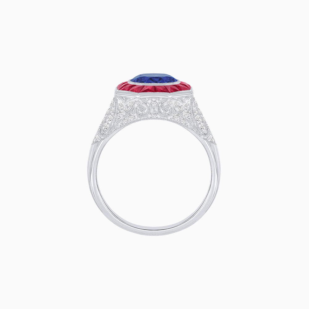 Art Deco Inspired Round Cut Ring with Octagonal Calibré-Cut Gemstone Halo