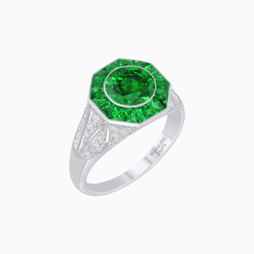 Art Deco Inspired Round Cut Ring with Octagonal Calibré-Cut Gemstone Halo