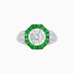 Load image into Gallery viewer, Art Deco Inspired Round Cut Ring with Octagonal Calibré-Cut Gemstone Halo