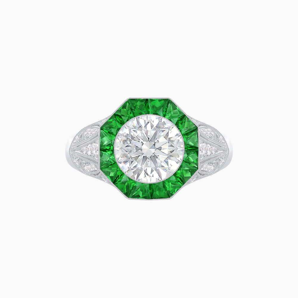 Art Deco Inspired Round Cut Ring with Octagonal Calibré-Cut Gemstone Halo