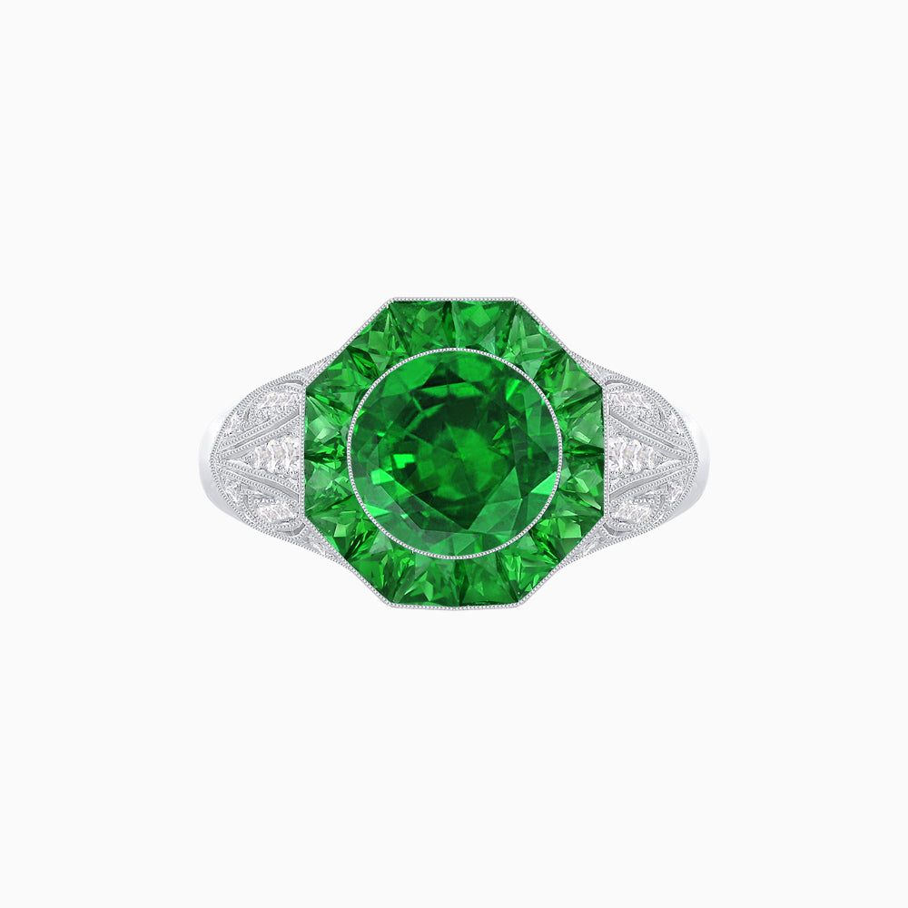 Art Deco Inspired Round Cut Ring with Octagonal Calibré-Cut Gemstone Halo