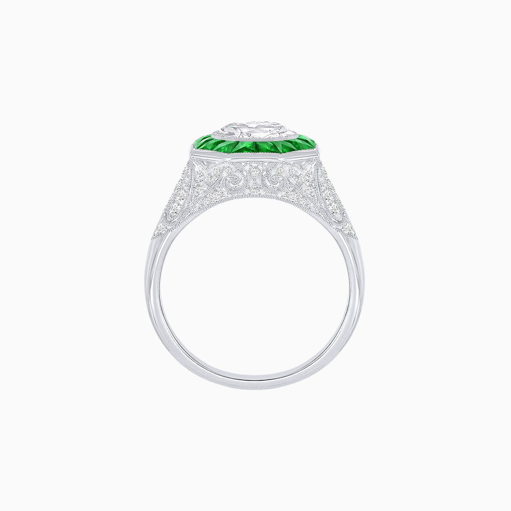 Art Deco Inspired Round Cut Ring with Octagonal Calibré-Cut Gemstone Halo