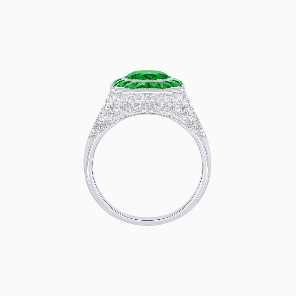 Art Deco Inspired Round Cut Ring with Octagonal Calibré-Cut Gemstone Halo
