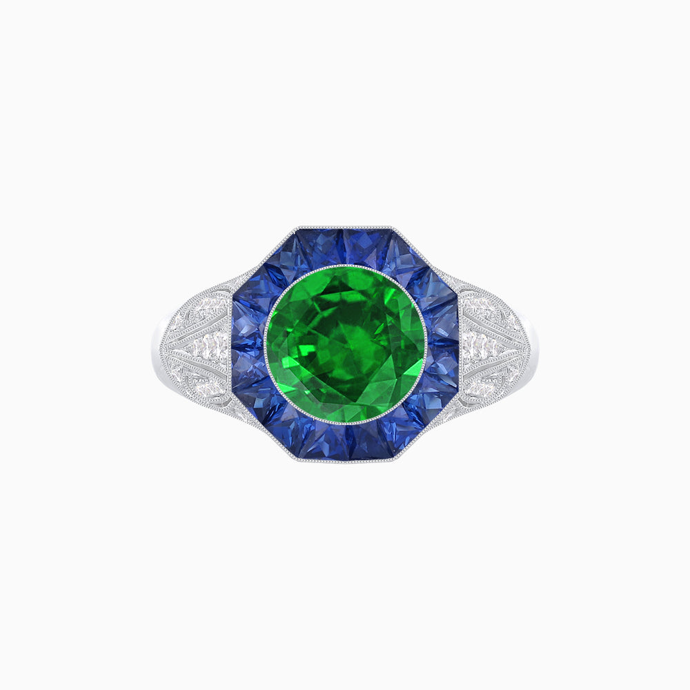 Art Deco Inspired Round Cut Ring with Octagonal Calibré-Cut Gemstone Halo