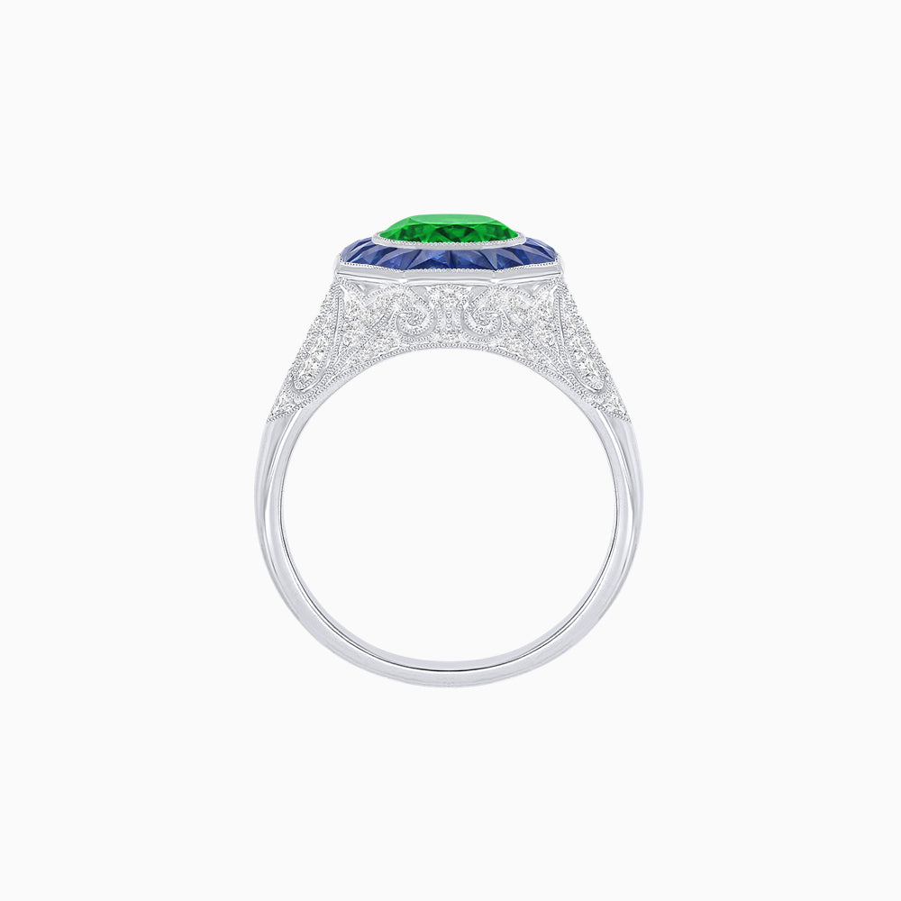 Art Deco Inspired Round Cut Ring with Octagonal Calibré-Cut Gemstone Halo