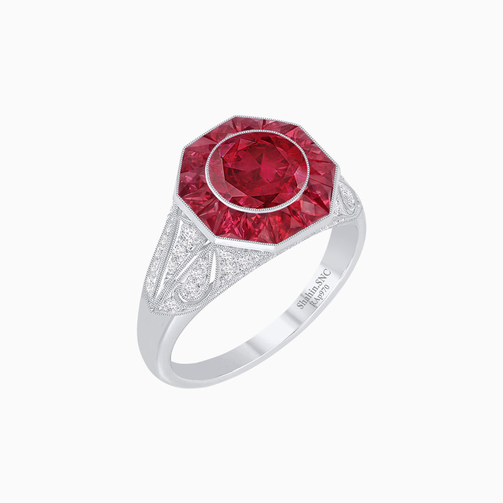 Art Deco Inspired Round Cut Ring with Octagonal Calibré-Cut Gemstone Halo