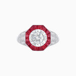 Load image into Gallery viewer, Art Deco Inspired Round Cut Ring with Octagonal Calibré-Cut Gemstone Halo