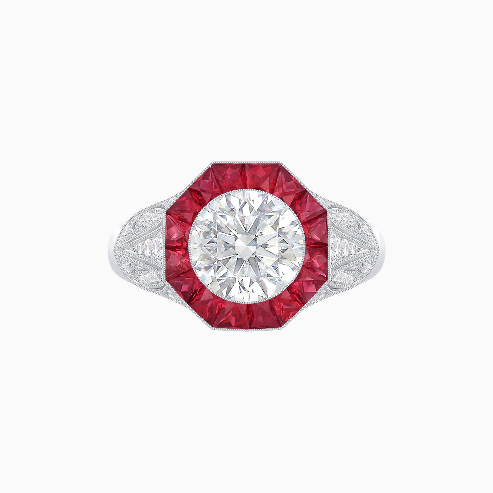 Art Deco Inspired Round Cut Ring with Octagonal Calibré-Cut Gemstone Halo