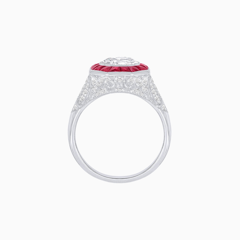 Art Deco Inspired Round Cut Ring with Octagonal Calibré-Cut Gemstone Halo