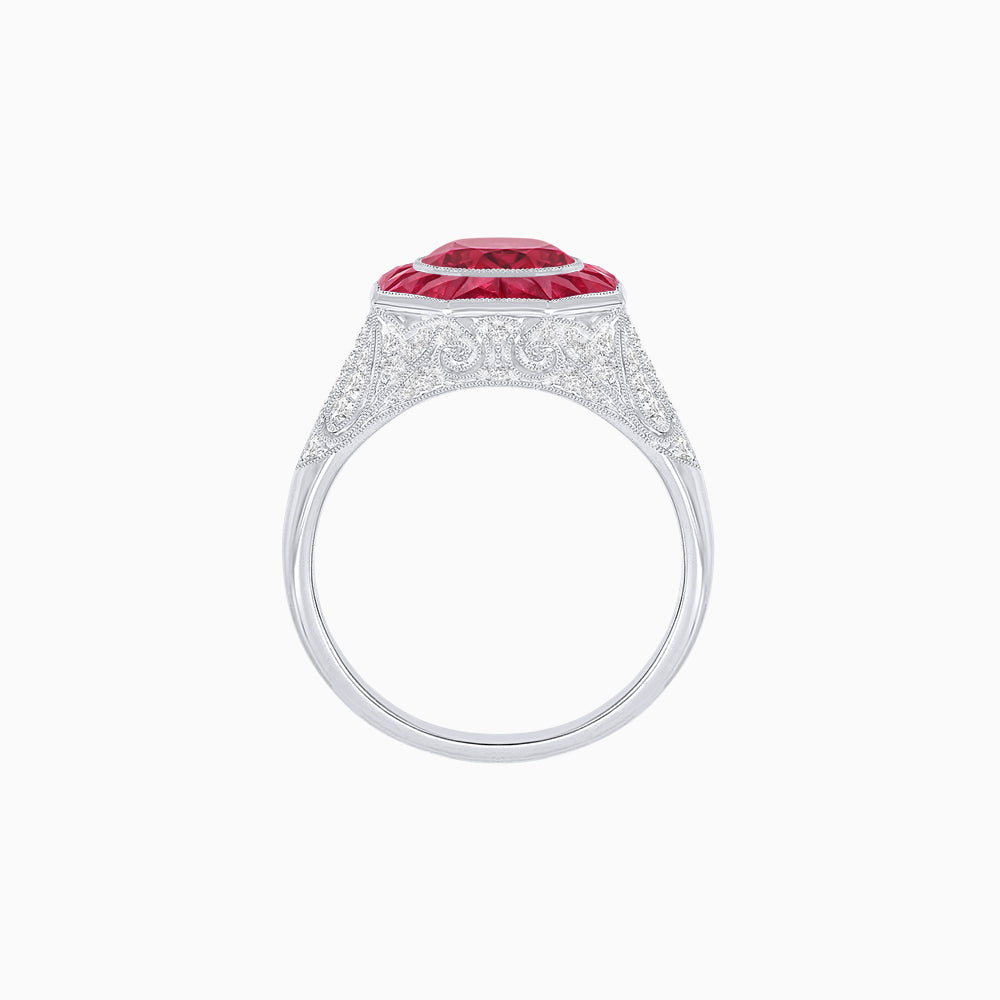 Art Deco Inspired Round Cut Ring with Octagonal Calibré-Cut Gemstone Halo