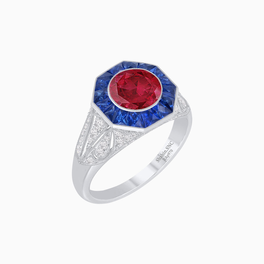 Art Deco Inspired Round Cut Ring with Octagonal Calibré-Cut Gemstone Halo