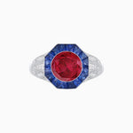 Load image into Gallery viewer, Art Deco Inspired Round Cut Ring with Octagonal Calibré-Cut Gemstone Halo