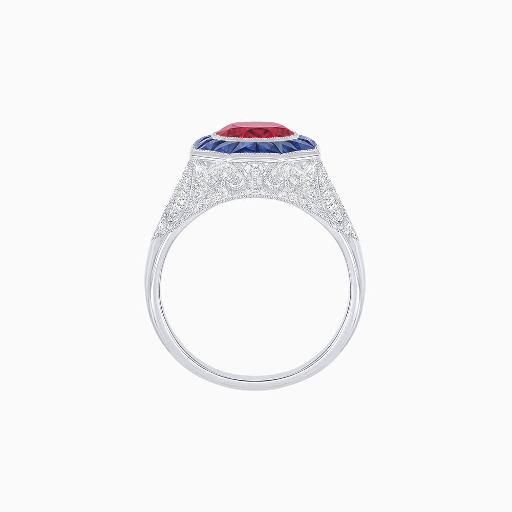 Art Deco Inspired Round Cut Ring with Octagonal Calibré-Cut Gemstone Halo