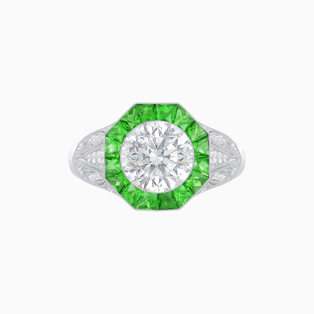 Art Deco Inspired Round Cut Ring with Octagonal Calibré-Cut Gemstone Halo