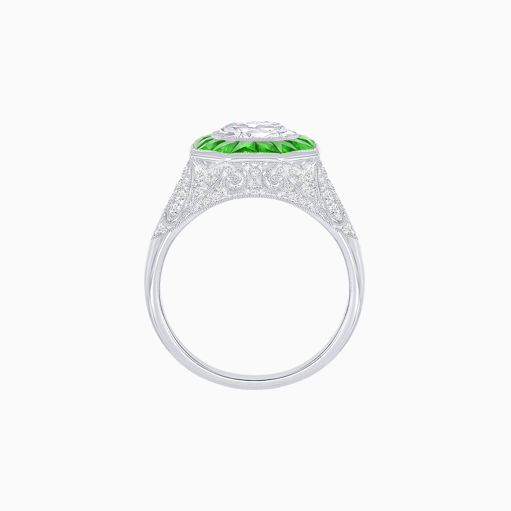 Art Deco Inspired Round Cut Ring with Octagonal Calibré-Cut Gemstone Halo