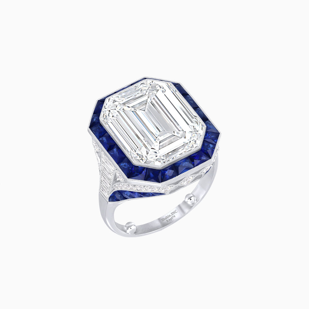 Art Deco Inspired Emerald Cut Ring with Calibré Gemstone Halo
