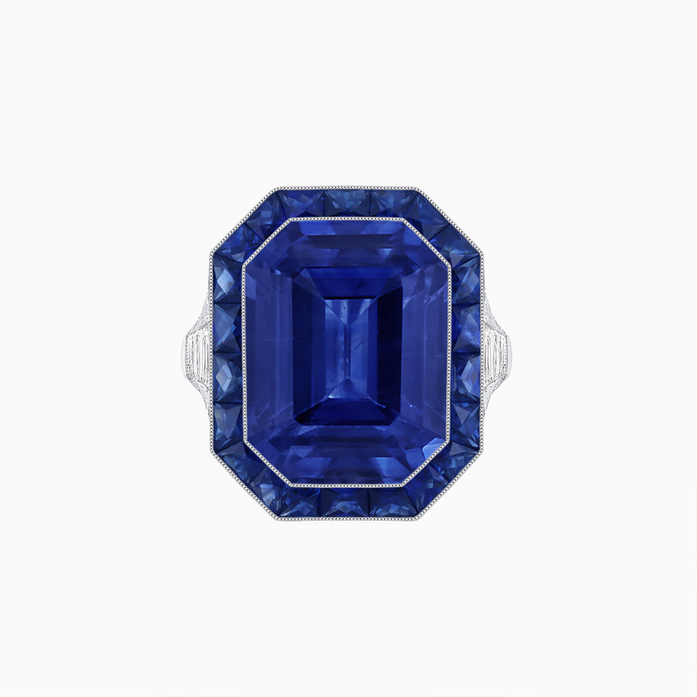 Art Deco Inspired Emerald Cut Ring with Calibré Gemstone Halo