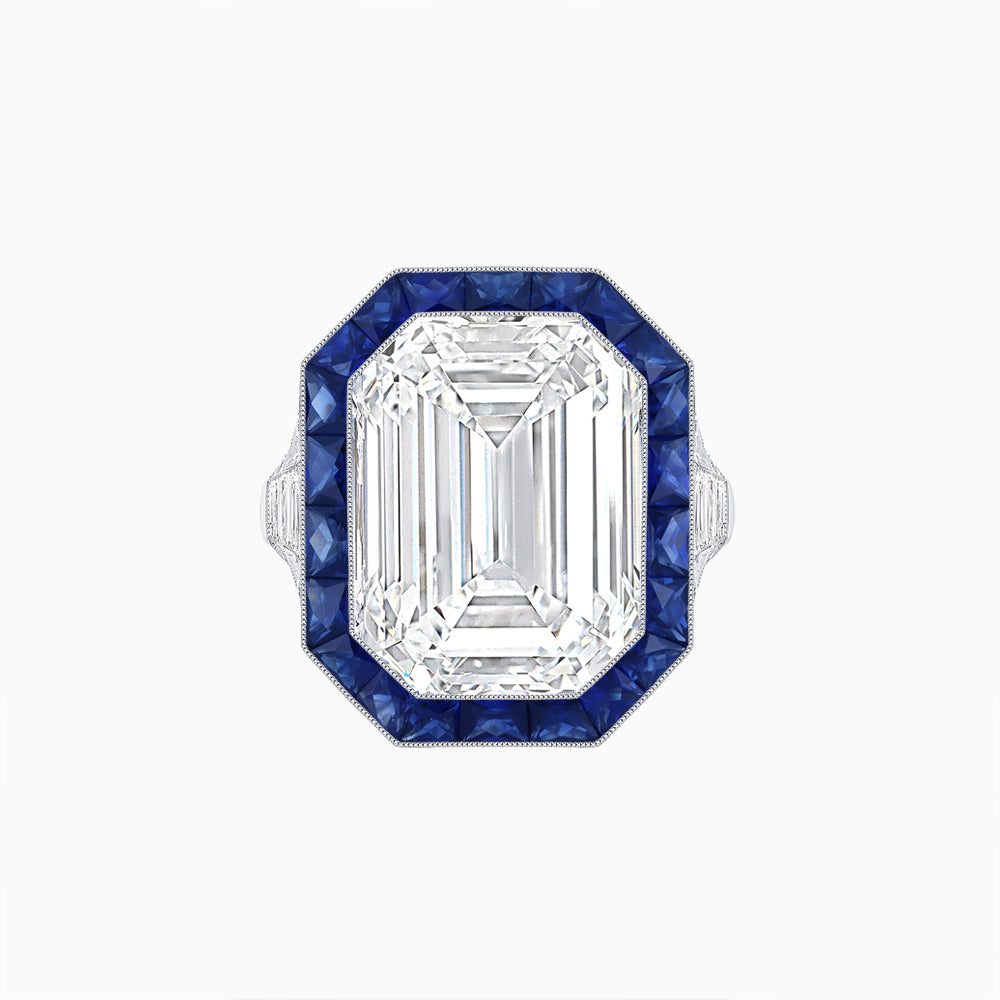 Art Deco Inspired Emerald Cut Ring with Calibré Gemstone Halo