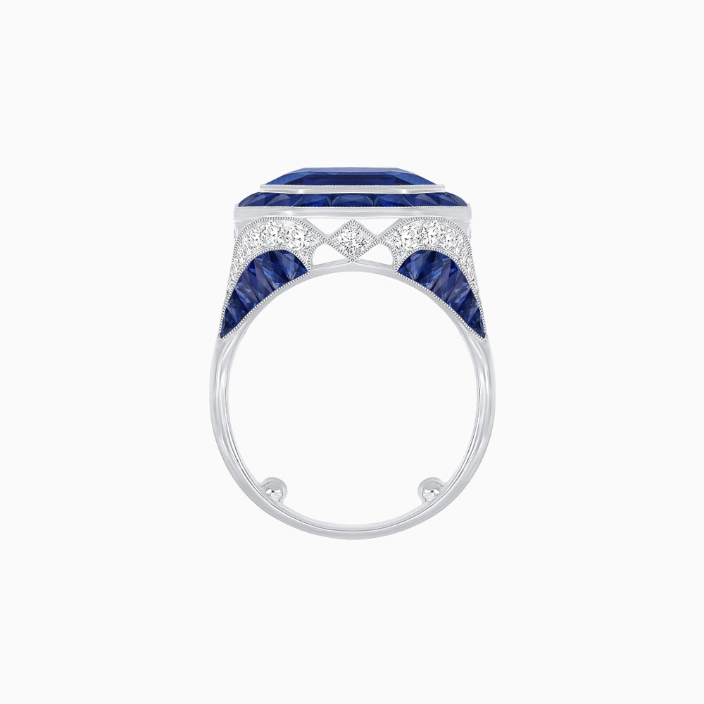 Art Deco Inspired Emerald Cut Ring with Calibré Gemstone Halo