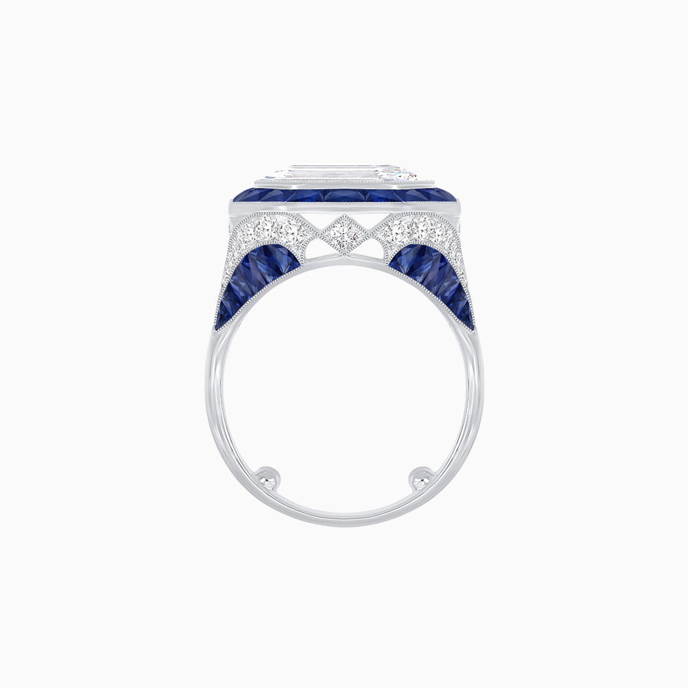 Art Deco Inspired Emerald Cut Ring with Calibré Gemstone Halo