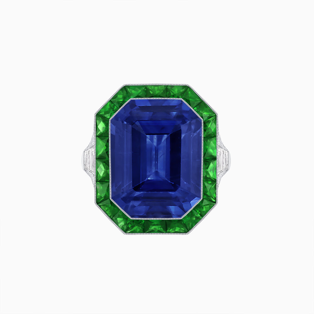 Art Deco Inspired Emerald Cut Ring with Calibré Gemstone Halo