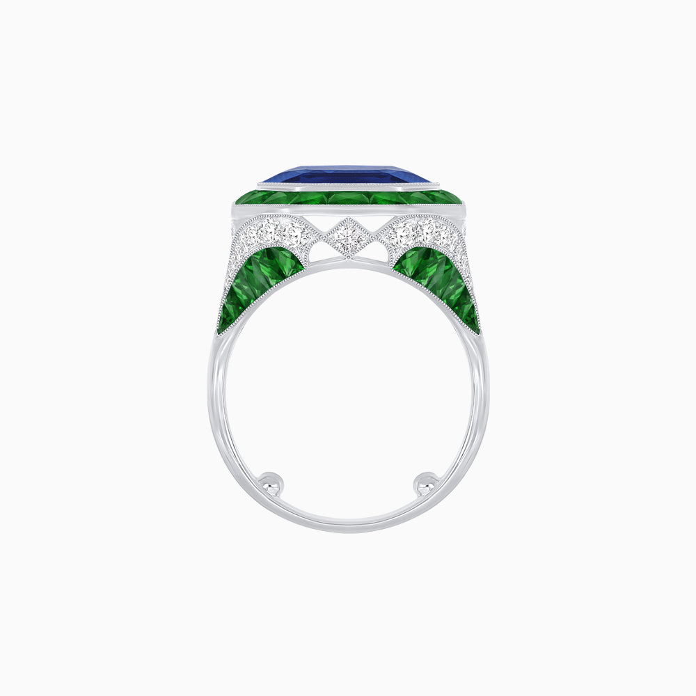 Art Deco Inspired Emerald Cut Ring with Calibré Gemstone Halo