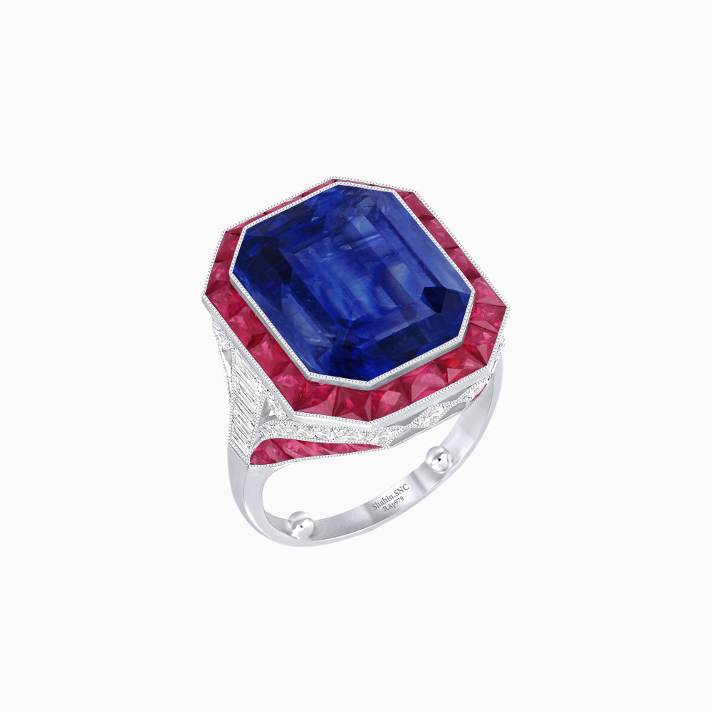 Art Deco Inspired Emerald Cut Ring with Calibré Gemstone Halo