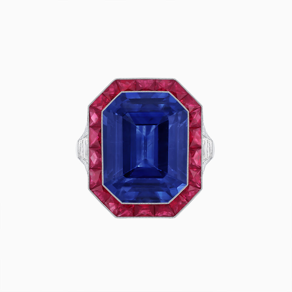 Art Deco Inspired Emerald Cut Ring with Calibré Gemstone Halo