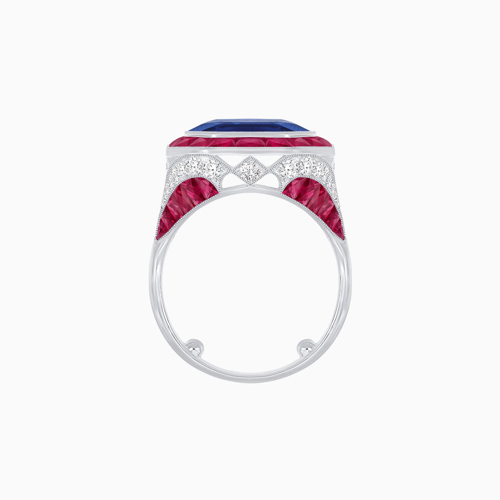 Art Deco Inspired Emerald Cut Ring with Calibré Gemstone Halo