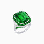 Load image into Gallery viewer, Art Deco Inspired Emerald Cut Ring with Calibré Gemstone Halo