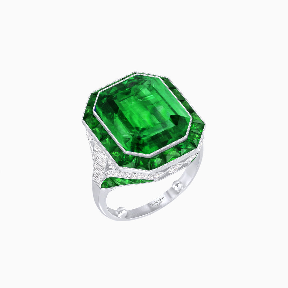 Art Deco Inspired Emerald Cut Ring with Calibré Gemstone Halo