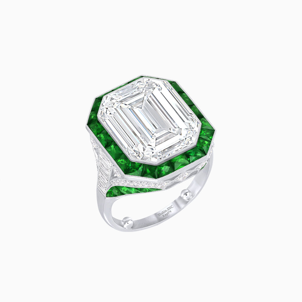 Art Deco Inspired Emerald Cut Ring with Calibré Gemstone Halo