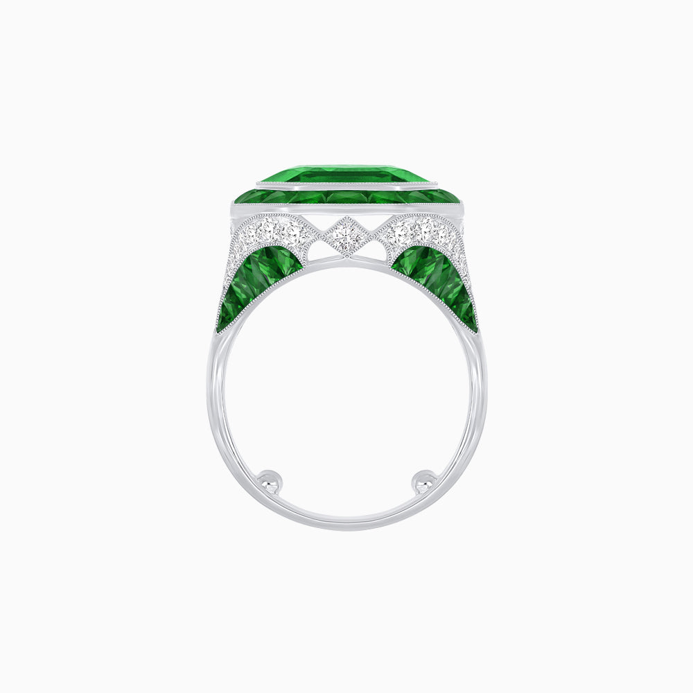 Art Deco Inspired Emerald Cut Ring with Calibré Gemstone Halo