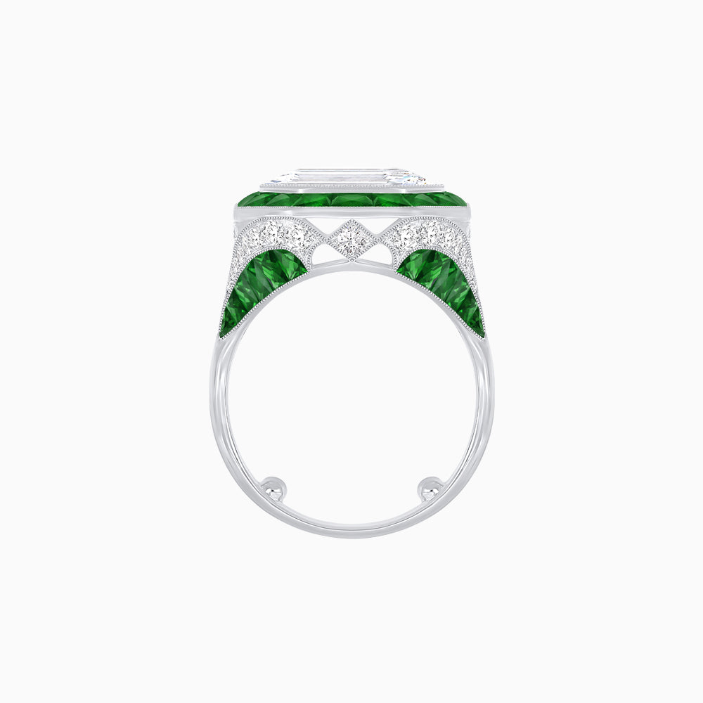 Art Deco Inspired Emerald Cut Ring with Calibré Gemstone Halo