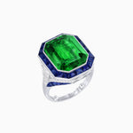 Load image into Gallery viewer, Art Deco Inspired Emerald Cut Ring with Calibré Gemstone Halo