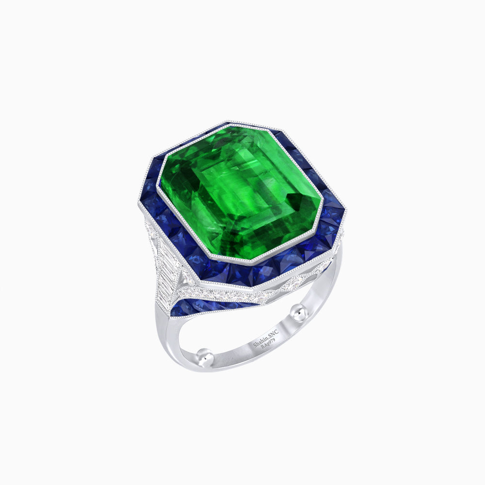 Art Deco Inspired Emerald Cut Ring with Calibré Gemstone Halo