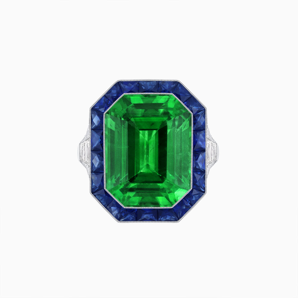 Art Deco Inspired Emerald Cut Ring with Calibré Gemstone Halo