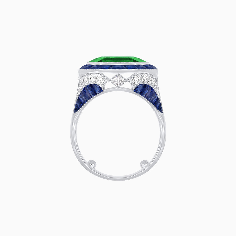 Art Deco Inspired Emerald Cut Ring with Calibré Gemstone Halo